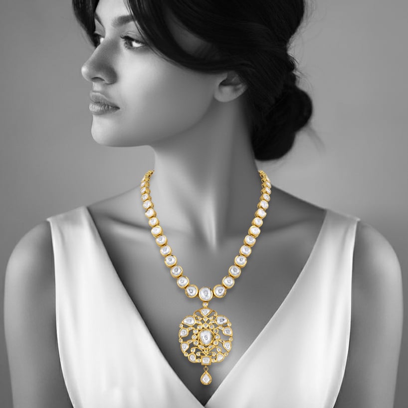 Polki Necklace with Intricate Floral Pendant
